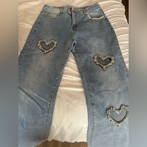 Bling Heart Cut Out Stretch Jeans
